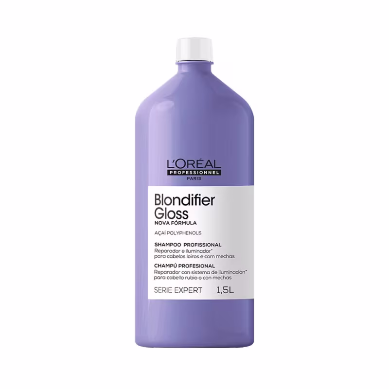 É um shampoo profissional da linha L'Oréal Professionnel Serie Expert Blondifier Gloss. A embalagem é uma garrafa plástica grande de 1,5 litros na cor roxa.