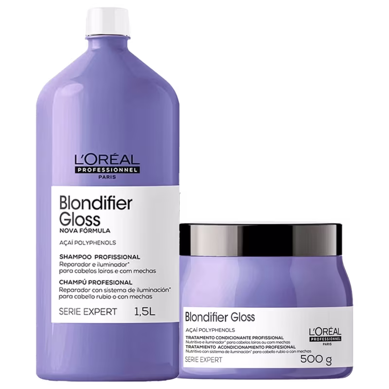 A imagem mostra dois produtos de cabelo da linha L'Oréal Professionnel Serie Expert Blondifier Gloss. Um é um shampoo em uma embalagem plástica roxa de 1,5 litros. O outro é uma máscara capilar em pote redondo roxo de 500g.