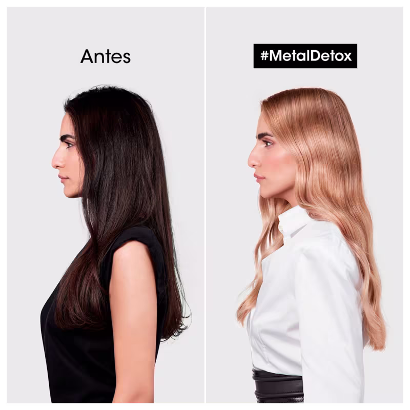 Antes e depois do uso da linha, à direita uma modelo de cabelos escuros longos e sem movimento. À esquerda a modelo de cabelos longos loiros e sedosos.