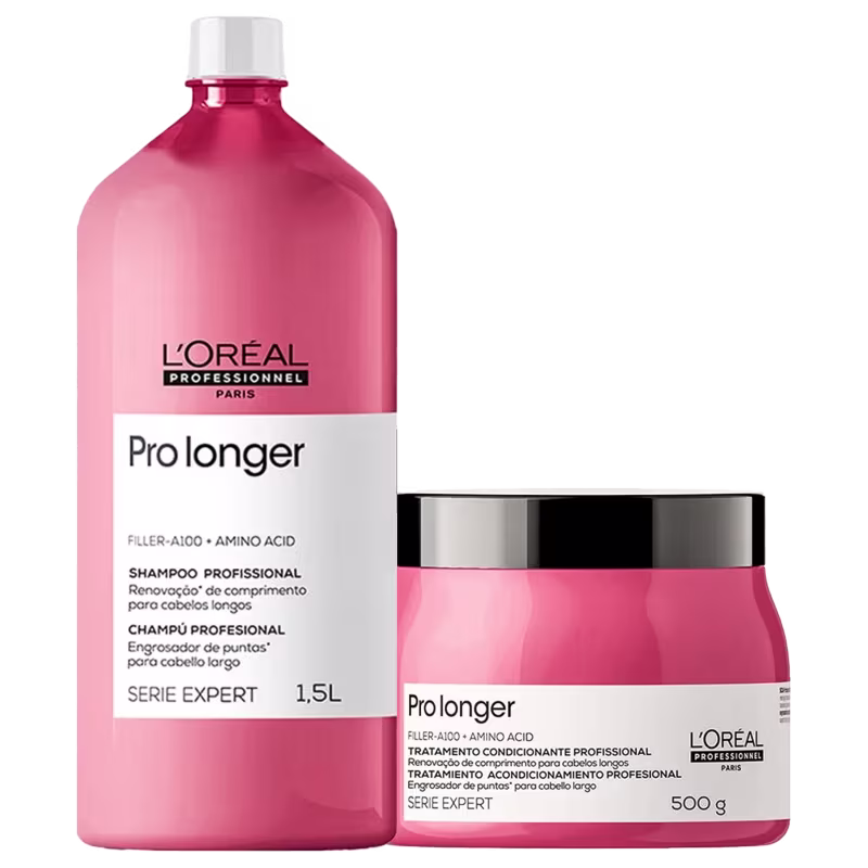 Shampoo 1,5L em frasco cilíndrico e máscara 500g em pote redondo. Ambos em plástico na cor vermelha.