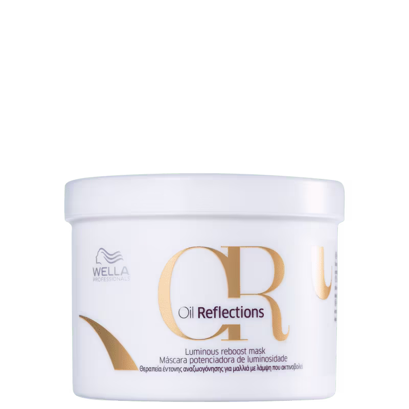 Máscara de tratamento capilar da linha Oil Reflections da Wella Professionals. O pote tem formato cilíndrico e tampa branca. Na frente, há o logotipo da Wella e o nome do produto "Oil Reflections Luminous Reboost Mask" em letras douradas e pretas.