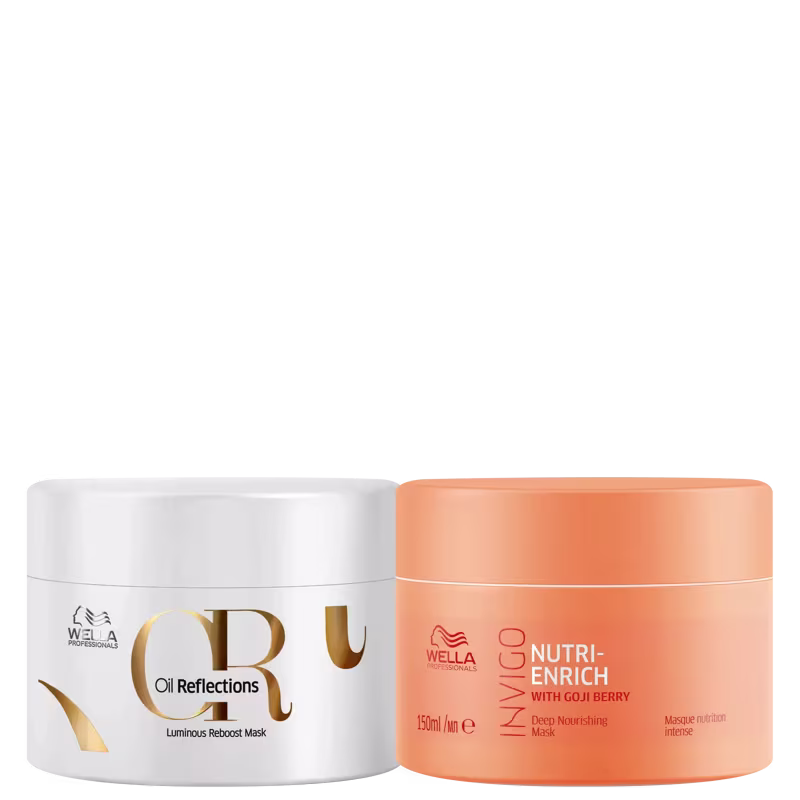 Dois potes de máscaras capilares da linha Wella Professionals. Um pote branco com detalhes dourados contém a máscara Oil Reflections. O outro pote é laranja e contém a máscara Nutri-Enrich Deep Nourishing Mask with Goji Berry.