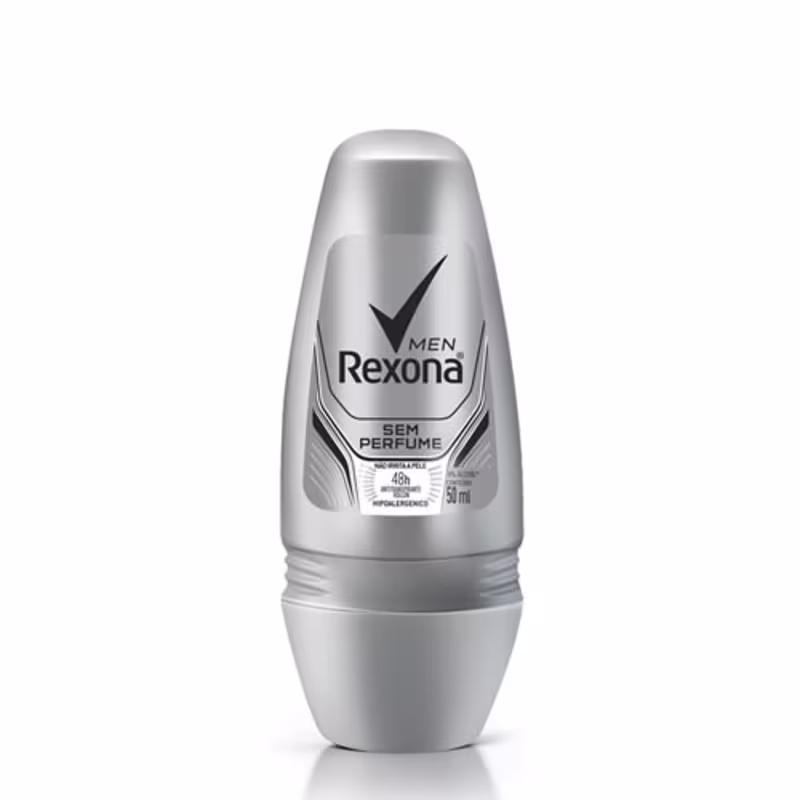 Frasco de desodorante masculino Rexona sem perfume, com design cilíndrico em tom prateado e logotipo da marca em destaque.