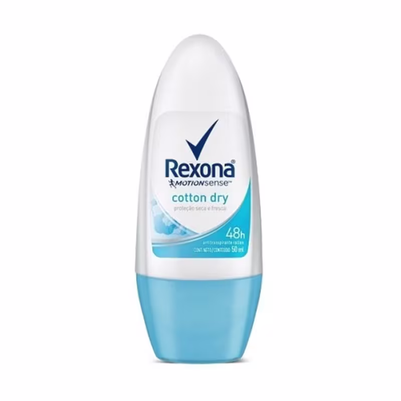 Desodorante antitranspirante Rexona Cotton Dry em embalagem branca e azul, com texto indicando proteção seca e fresca por 48 horas.