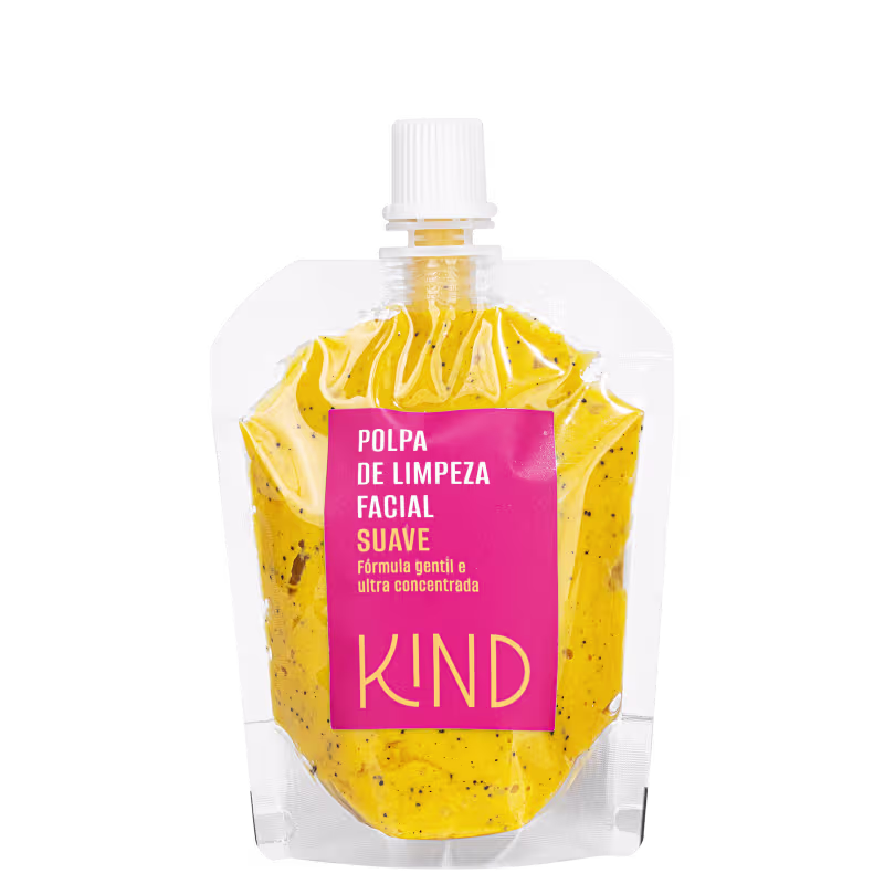 A imagem mostra um frasco transparente, com tampa branca de rosquear, contendo uma polpa de cor amarelada. O rótulo do produto indica o tipo de produto, e marca em evidência.