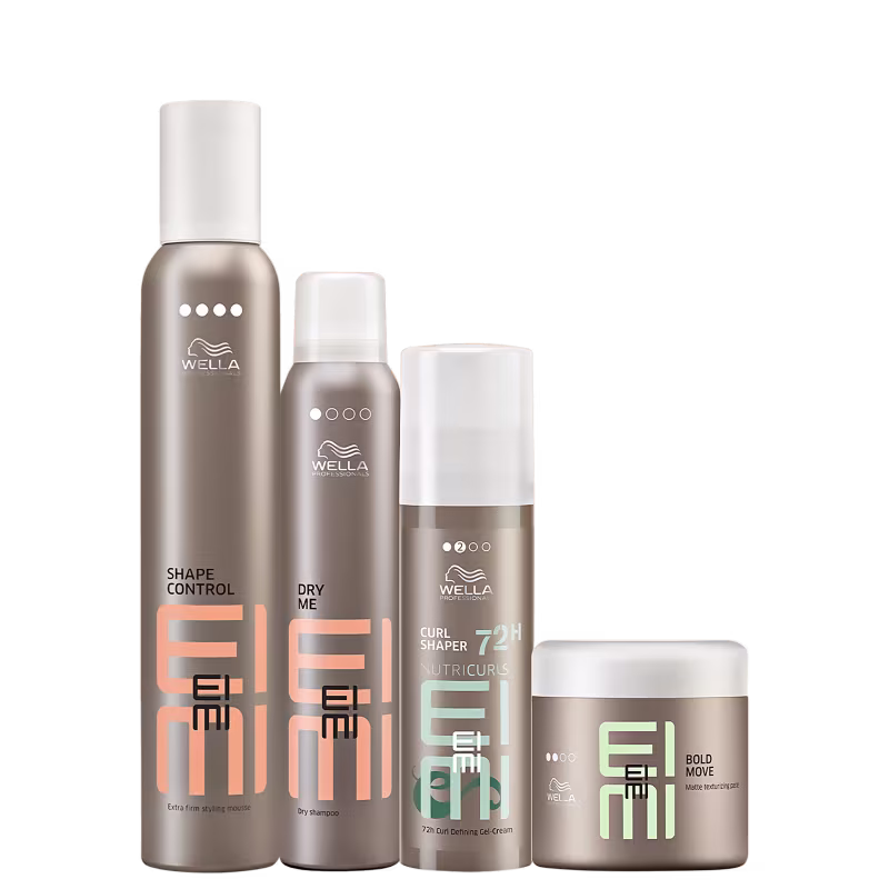 A imagem mostra 4 produtos de Wella Professionals da linha EIMI. São 3 frascos cilíndricos em spray e um pote redondo, todos na cor marrom.