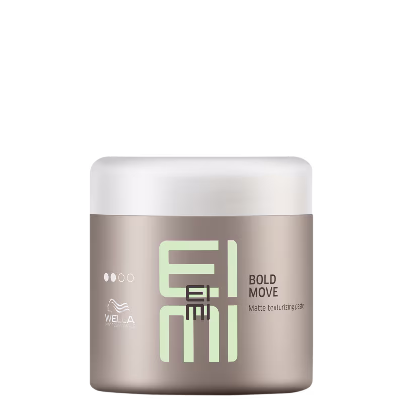 A imagem mostra o produto Bold Move de EIMI, seu frasco é um pote redondo marrom com rótulo na cor verde.