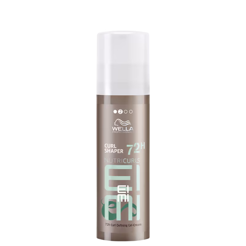 A imagem mostra o produto Curl Shaper de EIMI, seu frasco é cilíndrico marrom com tampa em spray, rótulo na cor azul.