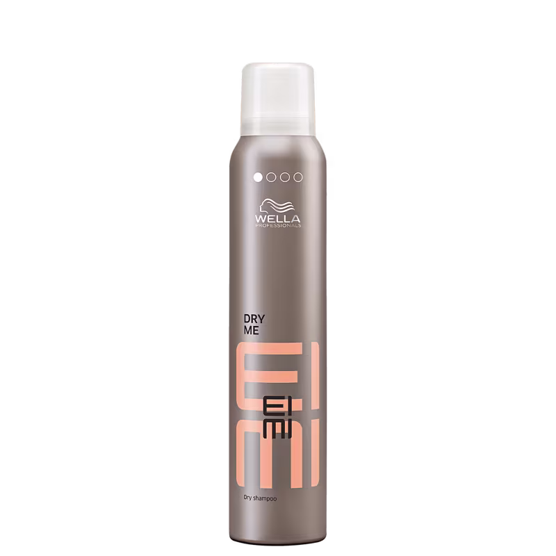 A imagem mostra o produto Dry Me de EIMI, seu frasco é cilíndrico marrom com tampa em spray, rótulo na cor laranja.