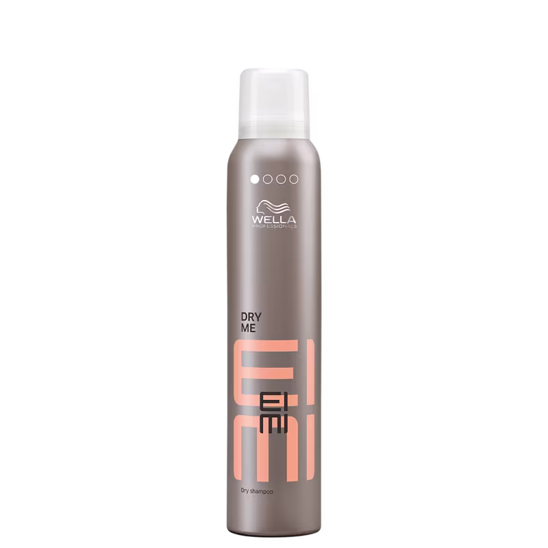 A imagem mostra o produto Dry Me de EIMI, seu frasco é cilíndrico marrom com tampa em spray, rótulo na cor laranja.