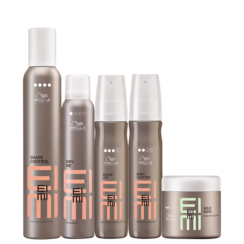 A imagem mostra 5 produtos de Wella Professionals da linha EIMI. São 4 frascos cilíndricos em spray e um pote redondo, todos na cor marrom.