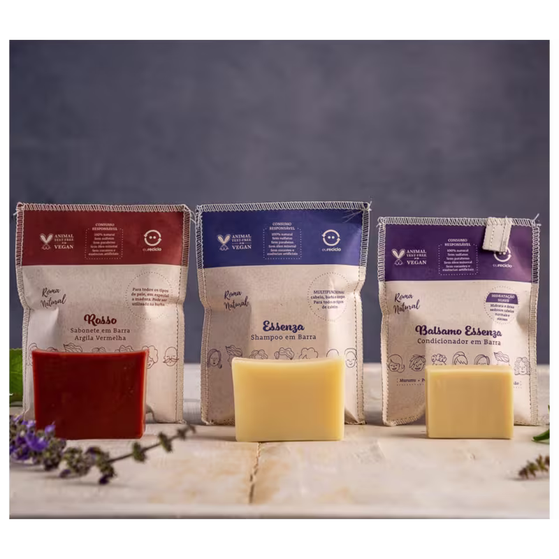 Kit Roma Natural Shampoo e Condicionador em Barra Essenza & Sabonete Argila Vermelha (3 Produtos)