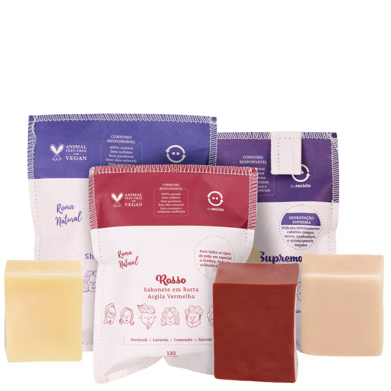 Kit Roma Natural Shampoo e Condicionador em Barra & Sabonete Argila Vermelha (3 Produtos)
