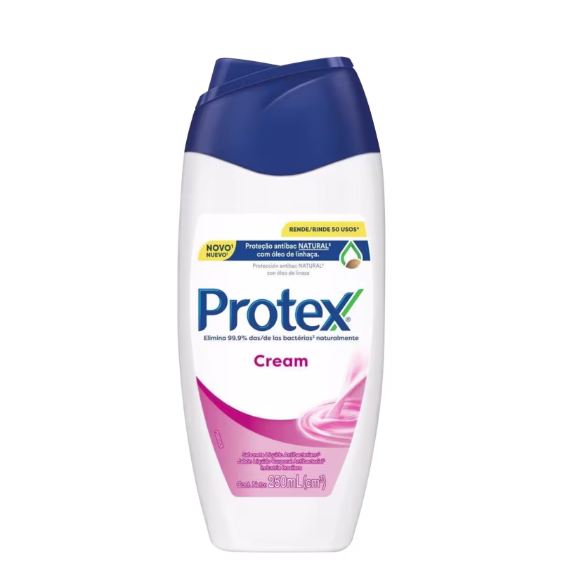 Frasco de creme Protex com embalagem branca e azul, destacando a proteção antibacteriana natural com óleo de linhaça. O rótulo apresenta o nome da marca "Protex" em destaque.