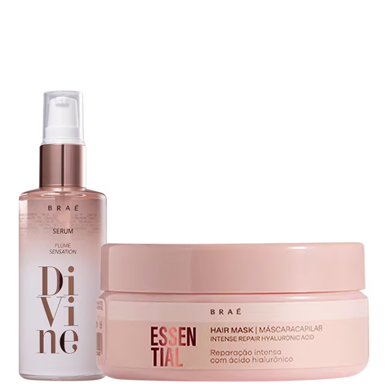 Máscara capilar da linha Essential e sérum capilar da linha Divine de Braé.