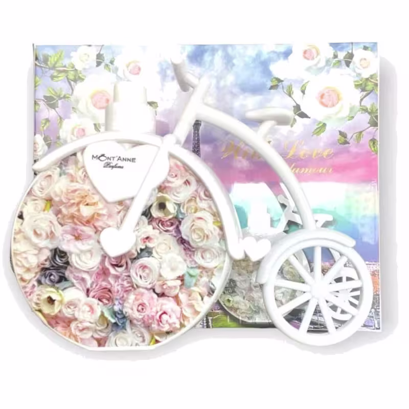 Perfume With Love Glamour Mont'Anne Parfums com formato de bicicleta e embalagem decorada com rosas e elementos florais