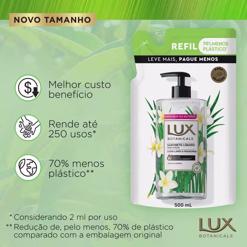 Sabonete Líquido para as Mãos Lux Capim Limão 500ml Refil