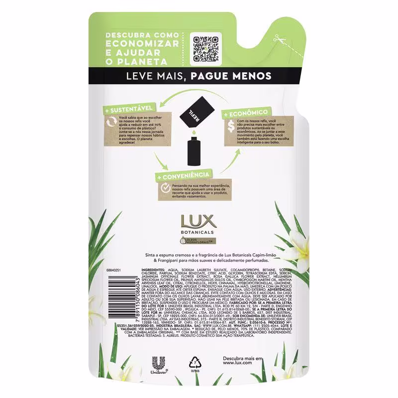 Sabonete Líquido para as Mãos Lux Capim Limão 500ml Refil