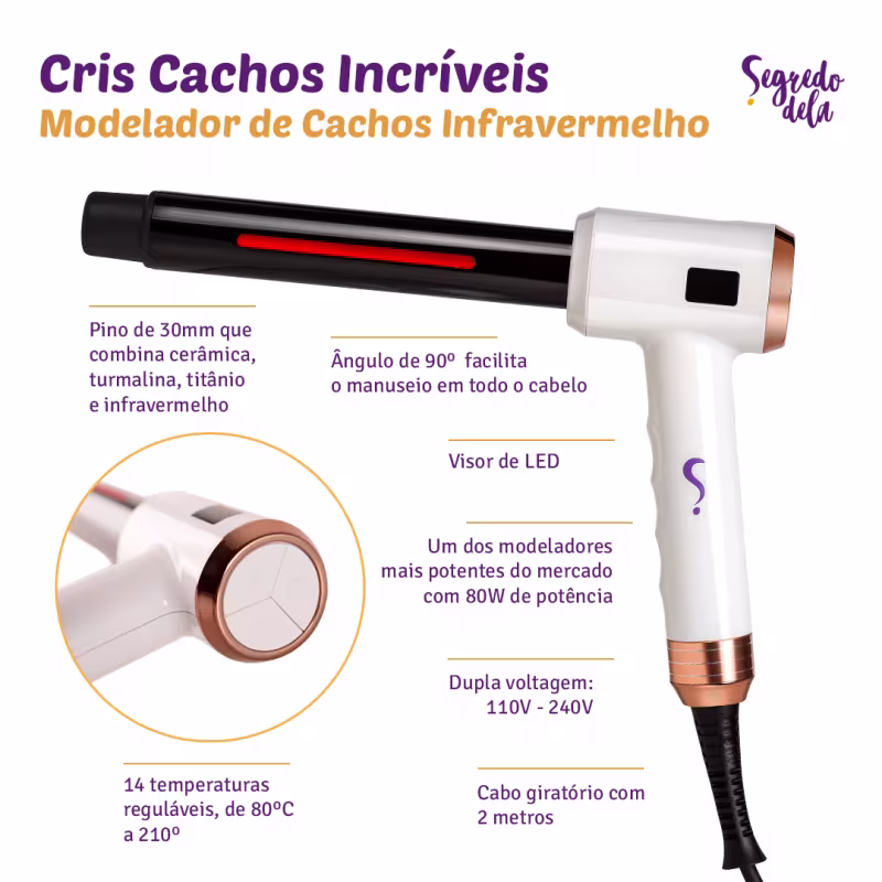 Kit Modelador de Cachos Cris 32mm Infravermelho Bivolt + Creme Protetor Térmico Cachos - Segredo Dela