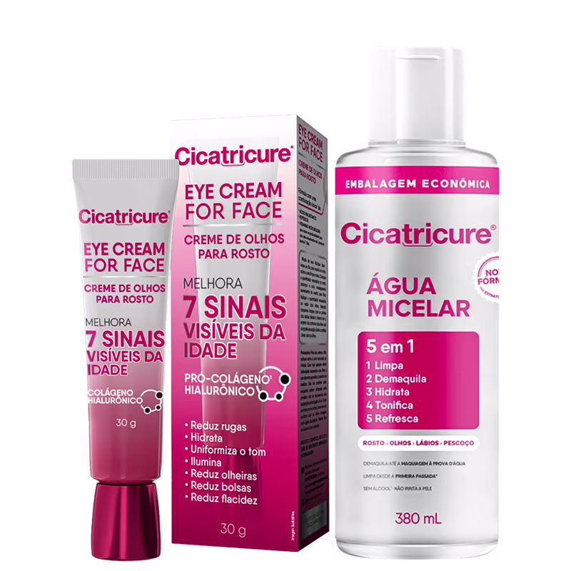 Cicatricure Eye Cream for Face em tubo de 30g e Água Micelar Cicatricure 5 em 1 em frasco de 380ml, ambos com embalagens em tons de rosa e branco, destacando os benefícios dos produtos.