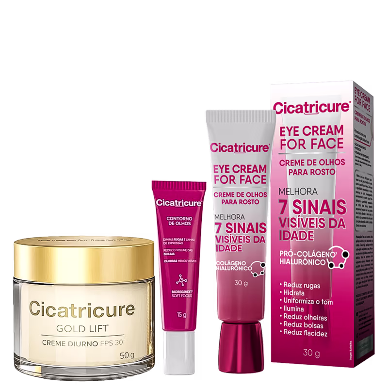Produtos Cicatricure: creme diurno Gold Lift FPS 30 em embalagem dourada, contorno de olhos e creme para o rosto em embalagens rosa, destacando benefícios como redução de rugas e uniformização do tom da pele.