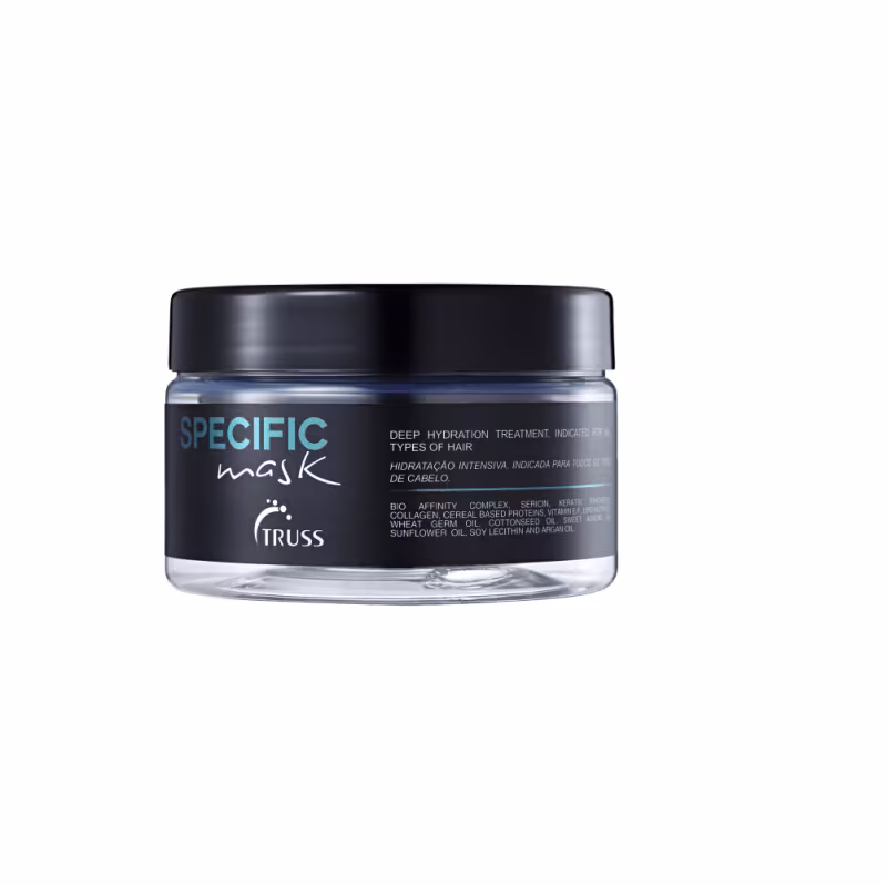 A imagem mostra um pote redondo de máscara capilar.