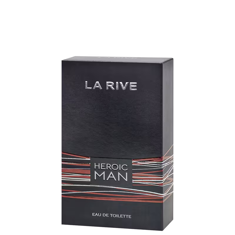 A imagem mostra a caixa do perfume. A caixa é retangular e de cor preta, com o nome da marca e do produto em letras brancas e detalhes geométricos em tons de vermelho e laranja. A embalagem tem um visual moderno e sofisticado.