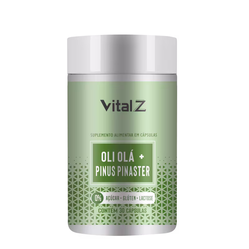 Suplemento alimentar em cápsulas da marca Vital Z, contendo óleo de oliva e extrato de pinus pinaster. Embalagem cilíndrica branca e verde, com informações sobre a composição e características do produto.