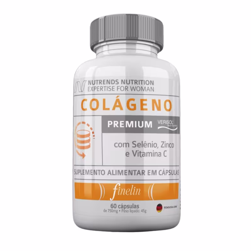Suplemento alimentar em cápsulas da marca Nutrends Nutrition, com o nome "Colágeno Premium Verisol".