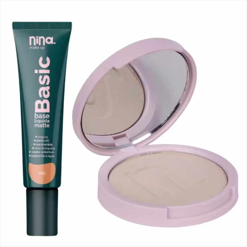 Kit Nina Makeup Base Líquida Basic e Pó Comapcto Instant Cor 2