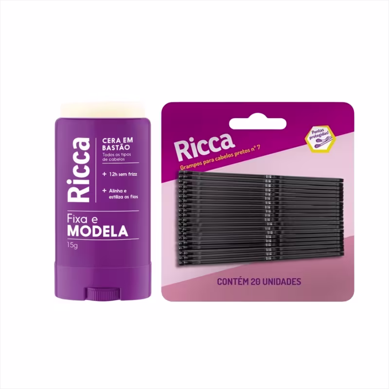 Kit Ricca Cera Fixadora Em Bastão + Grampo Cabelo Preto 20un