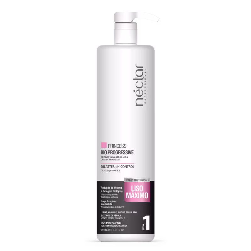 Frasco branco de produto capilar Néctar do Brasil, com rótulo rosa e texto "Princess Bio.Progressive" e "Dilatier pH Control". Indicação de uso profissional e volume de 1000ml.