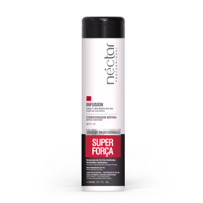 Frasco de condicionador Super Força da marca Néctar do Brasil, com embalagem branca e preta, 300ml.