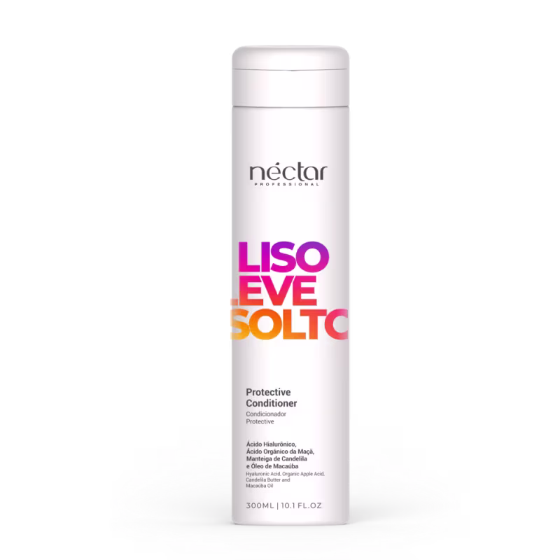 Frasco branco da linha Nectar Professional contendo o produto Liso Eve Solto, um condicionador de 300ml