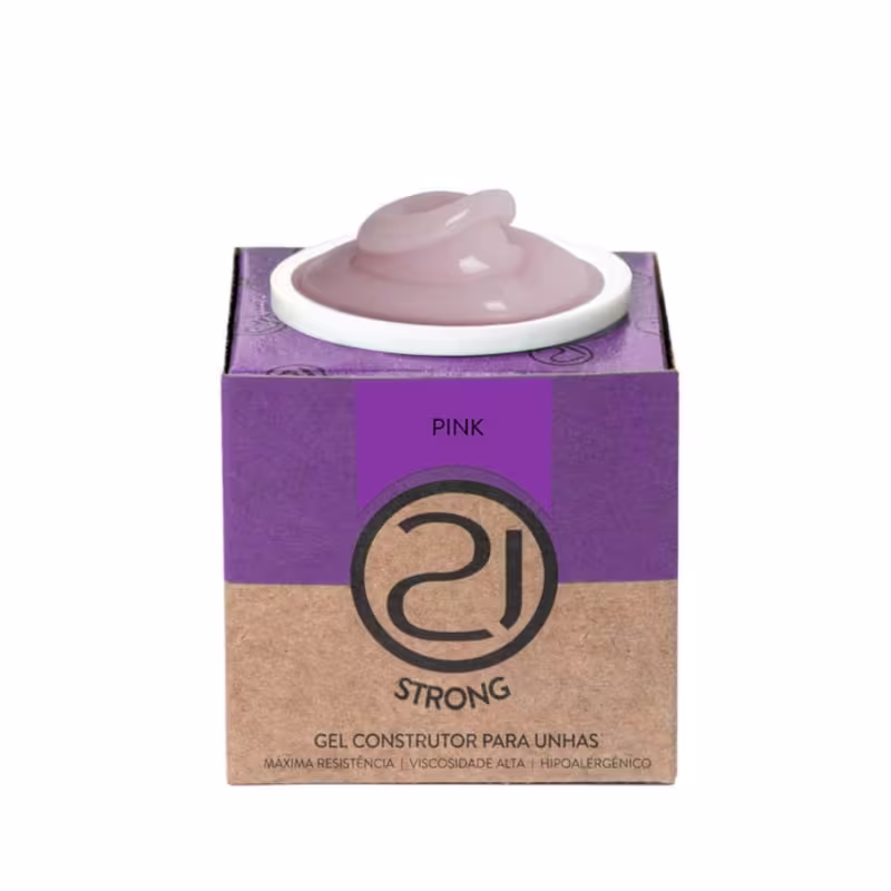 A imagem mostra um gel construtor para unhas. O produto em embalagem cúbica de papelão, com fundo bege e detalhes em preto. A parte superior é roxa com o nome do produto em letras pretas. No centro, há um pote branco com o gel rosa.