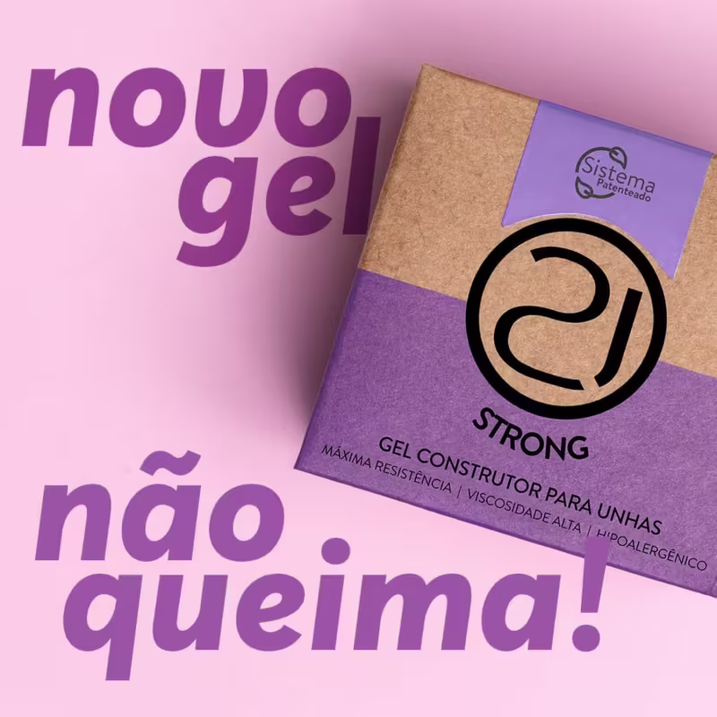 A imagem mostra o gel construtor em um fundo rosa e há na parte de cima o texto "novo gel" e abaixo há a frase "não queima!"  ambos em tom roxo.
