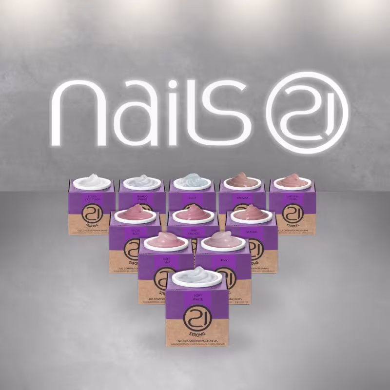 A imagem mostra uma variedade de géis reconstrutores para unhas da marca Nails 21. Há 11 pequenas embalagens retangulares com amostras do gel nas cores branca, nude e rosa claro. No topo, o nome "Nails 21" aparece em letras brancas contra um fundo cinza.