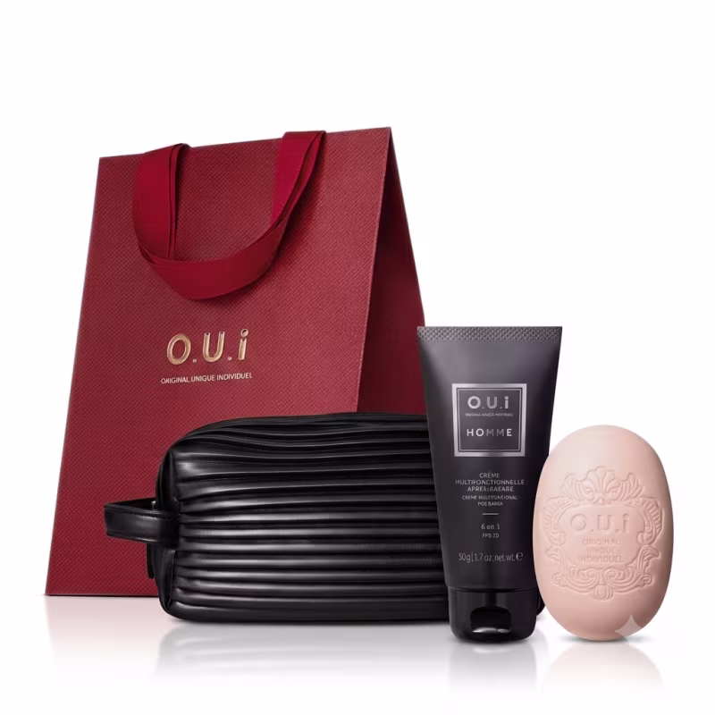 Combo O.U.i Homme: Creme Multifuncional Pós-Barba 50g + Sabonete em Barra Iconique 00190g + Nécessaire Preto + Caixa de Presente