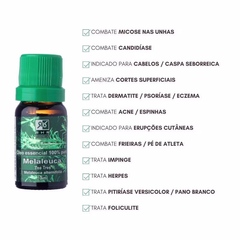 Óleo essencial de Melaleuca da RHR Cosméticos com instruções de uso e benefícios.