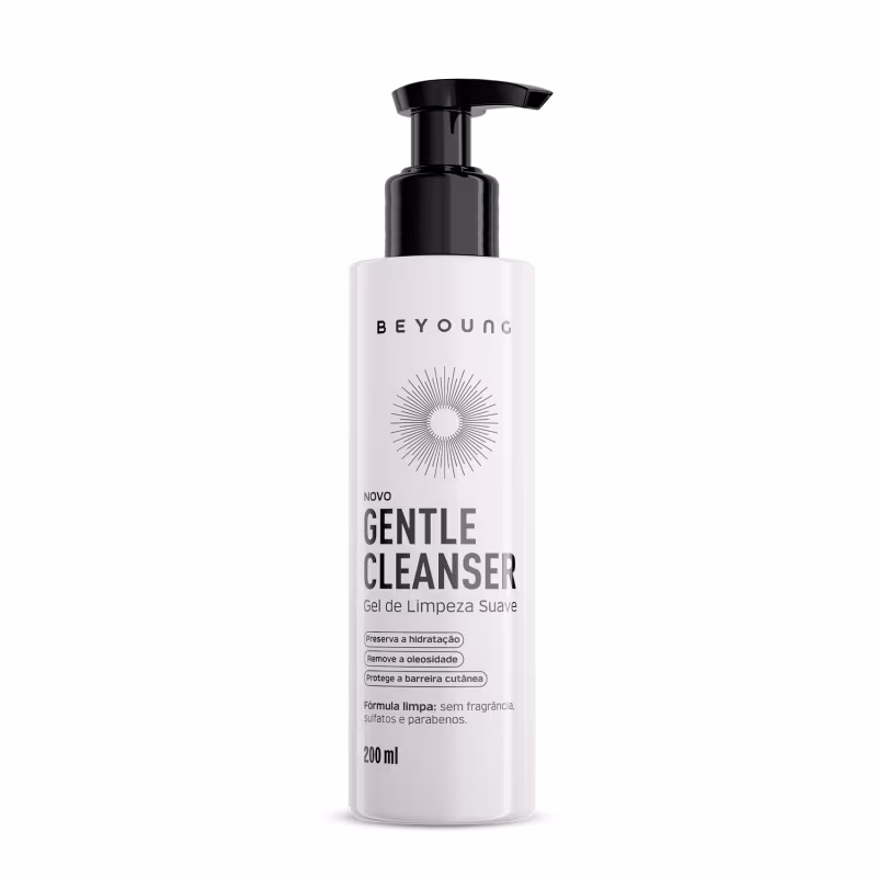 Frasco branco com bomba preta da marca Beyoung contendo Gentle Cleanser, um gel de limpeza suave que preserva a hidratação, remove oleosidade e protege a barreira cutânea.