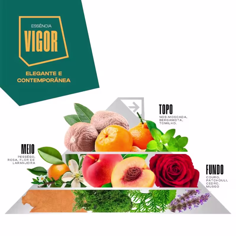 Pirâmide olfativa com os principais acordes aromáticos do produto. Topo: notas cítricas de bergamota, tomilho e flor de moscada. Meio: notas florais de rosa, flor de laranjeira e pêssego. Fundo: notas de couro, patchouli, cedro e musgo.