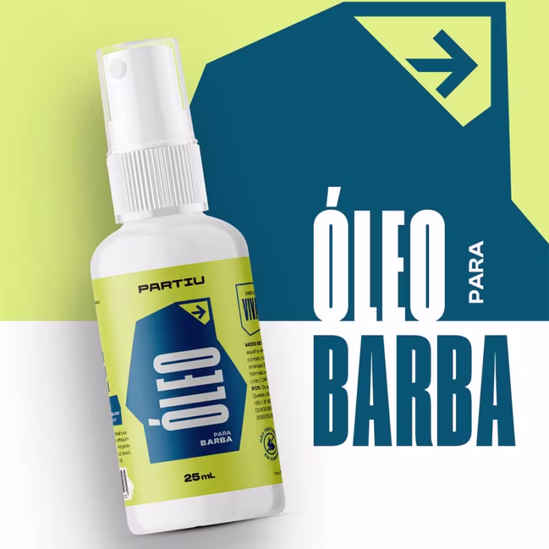 Produto para barba da marca Partiu. Embalagem plástica transparente com spray dosador. Rótulo amarelo com o logotipo da marca em azul e branco, exibindo o nome "Partiu" e uma forma hexagonal.