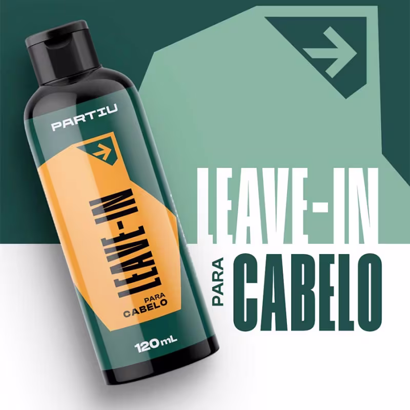 Produto para cabelo da marca Partiu. Frasco plástico preto com rótulo na cor verde escura e detalhes em laranja. O rótulo exibe o nome "Leave-in" em letras grandes e negritadas, acompanhado do texto "Para Cabelo" e a informação de peso "120g".