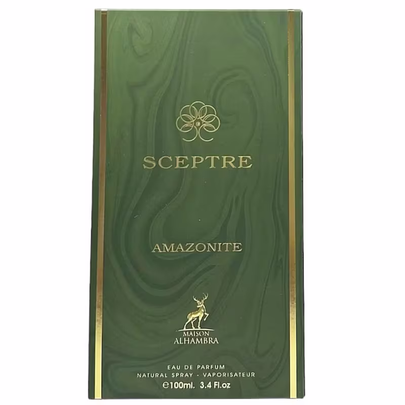 Caixa do perfume Sceptre Amazonite da Maison Alhambra, com embalagem verde escura e detalhes dourados, contendo 100ml de produto.
