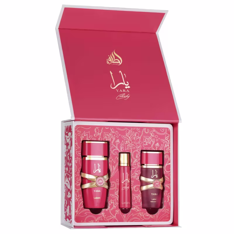 Kit Perfume Lattafa Yara Candy Edp Feminino 100ml + Portátil 12ml + Fresh Hair Mist 50ml