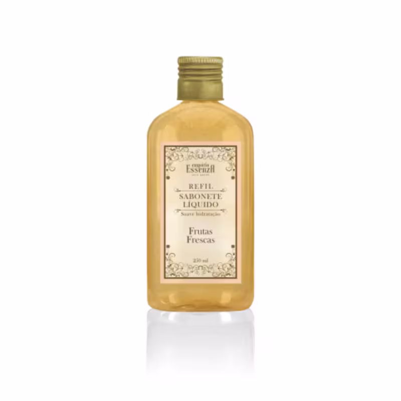 Frasco de sabonete líquido da marca Empório Essenza, com rótulo em estilo vintage, contendo 250 ml de produto com aroma de frutas frescas.