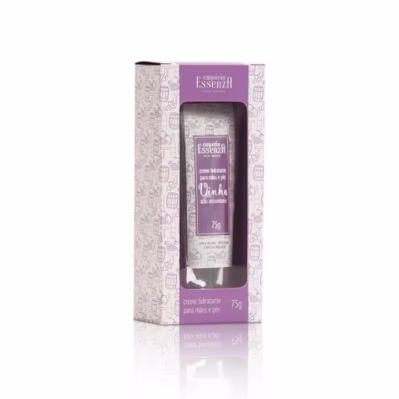 Creme hidratante para mãos e pés da marca Empório Essenza, em embalagem de caixa branca com ilustrações e texto em tom de roxo, contendo 75g do produto.