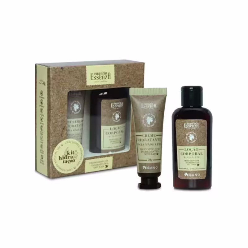 Kit hidratação da marca Empório Essenza, contendo um frasco de loção corporal e um tubo de creme hidratante para mãos.