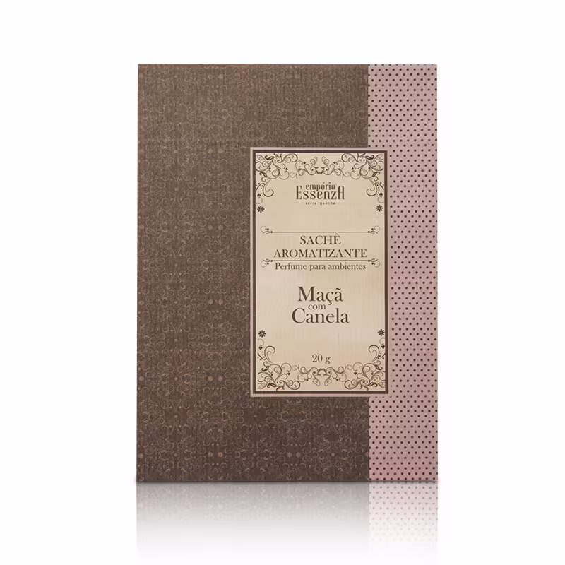 Caixa de sachê aromatizante da marca Empório Essenza, contendo a fragrância de maçã com canela.