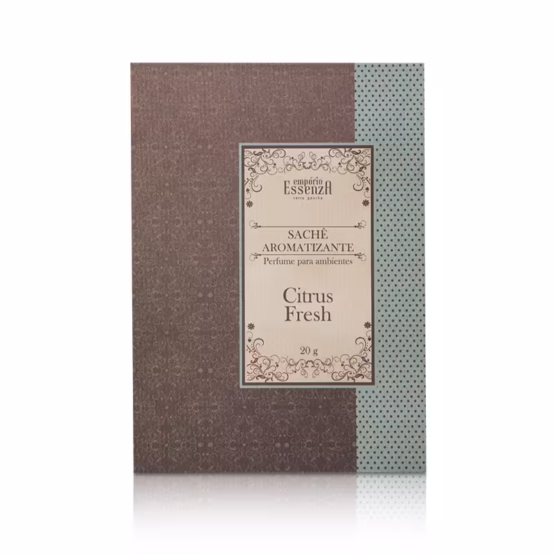 Sache aromatizante da marca Empório Essenza Serra Gaúcha, com embalagem em tons de marrom e azul, contendo a informação "Citrus Fresh" e indicando que se trata de um perfume para ambientes.